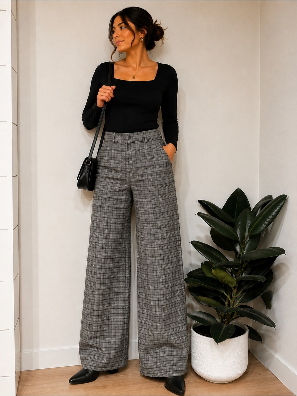 LOFT Gray Plaid Wide Leg Pants